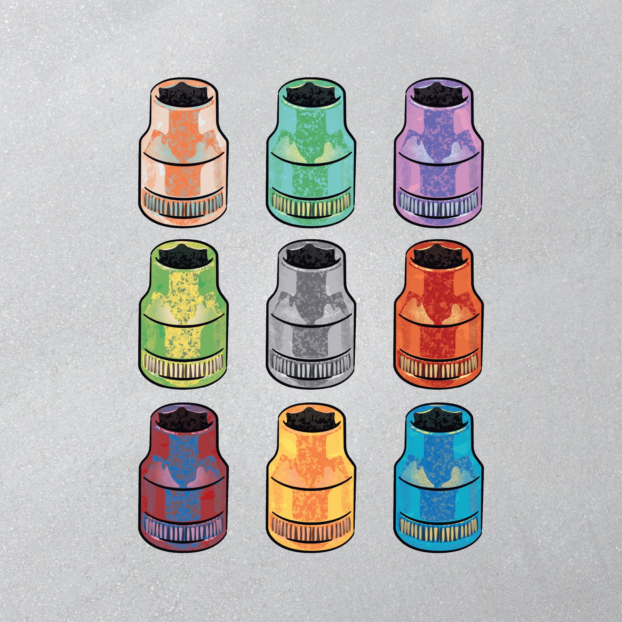 Set of colorful 10mm sockets on a light gray background