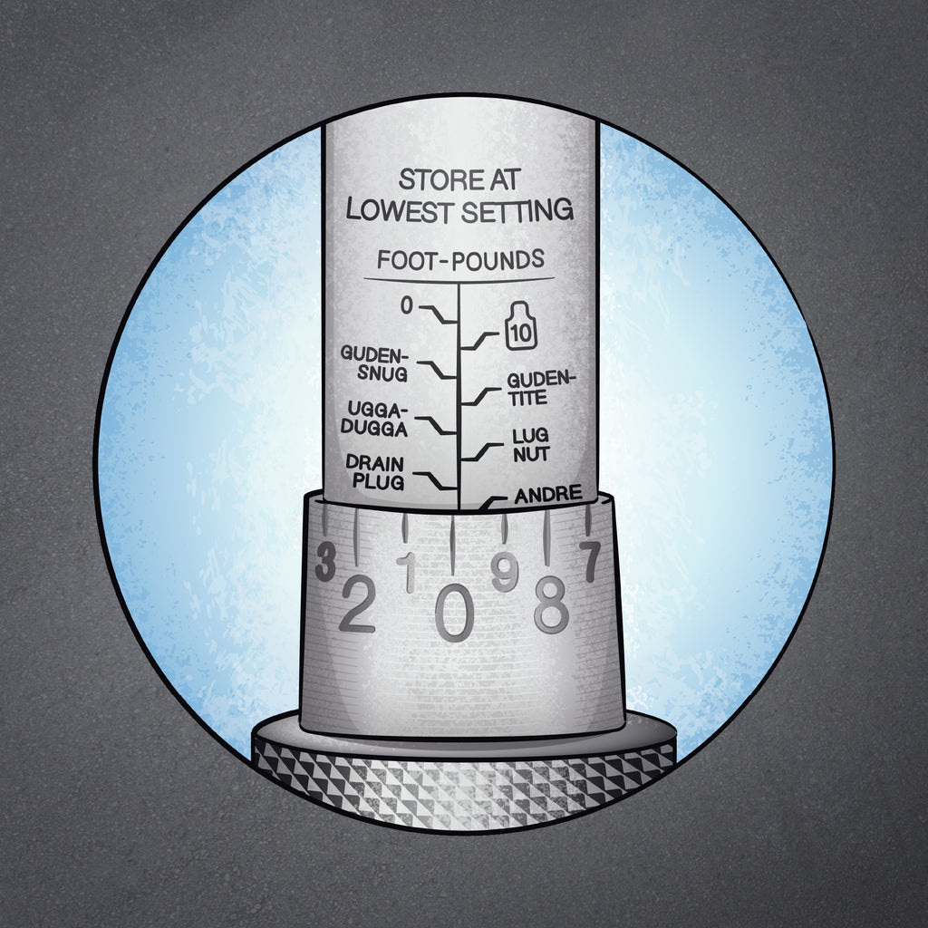 Cartoon torque wrench with fictional funny readings etched into the scale.
