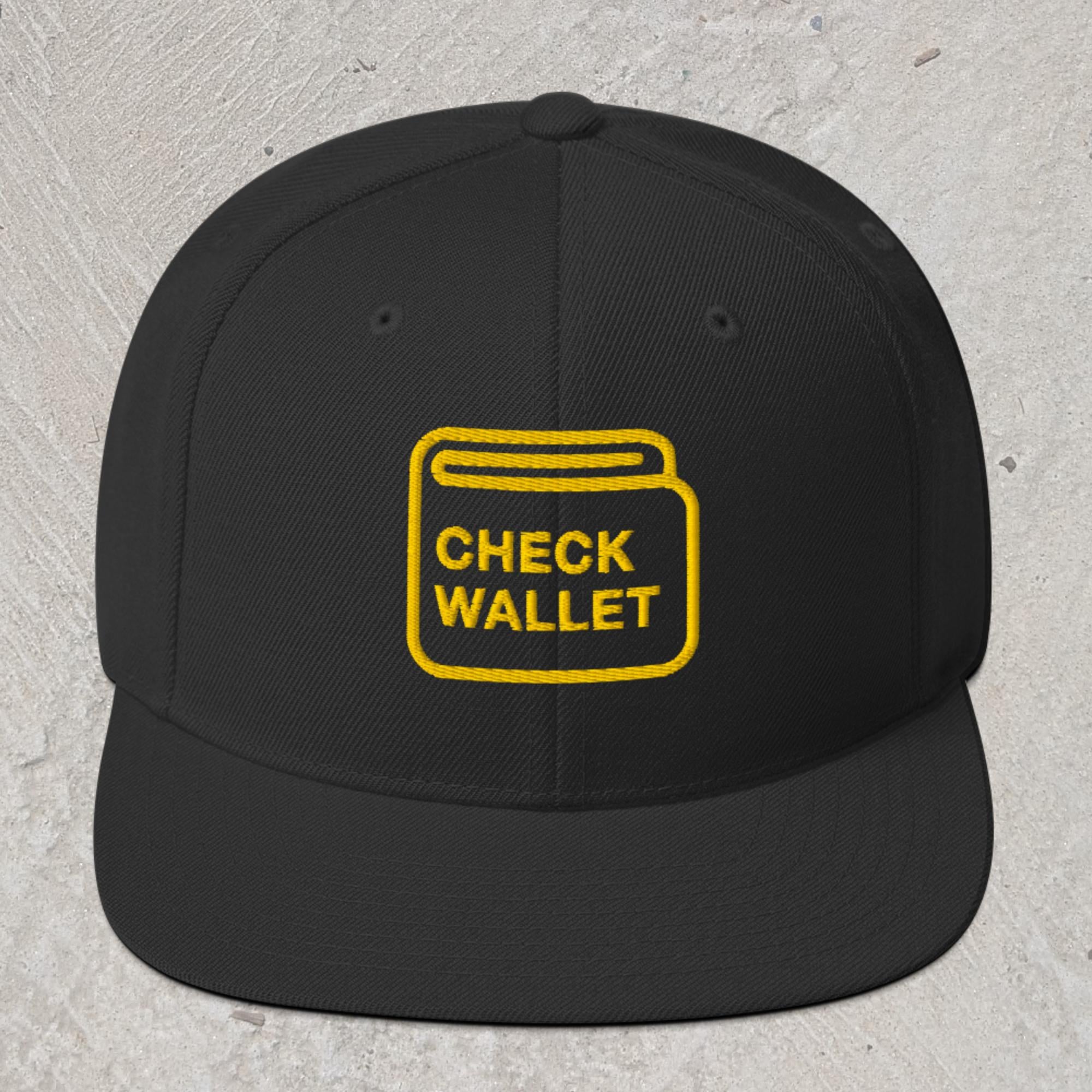Black snapback hat with embroidered wallet icon that reads "Check Wallet"