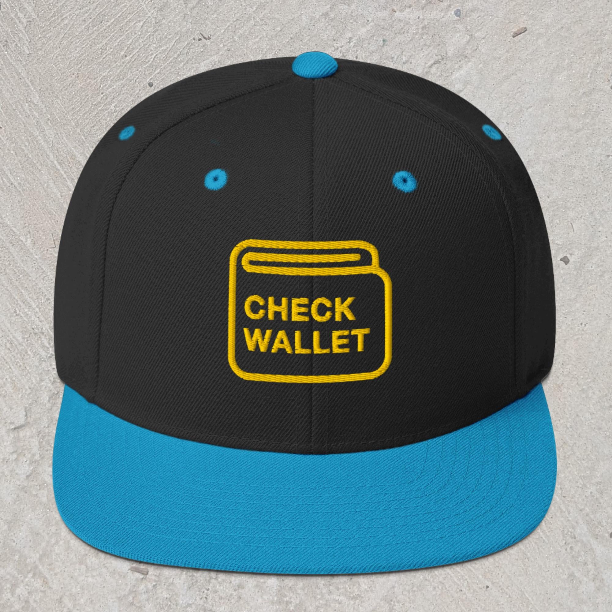 Black snapback hat with blue rim and embroidered wallet icon that reads "Check Wallet"