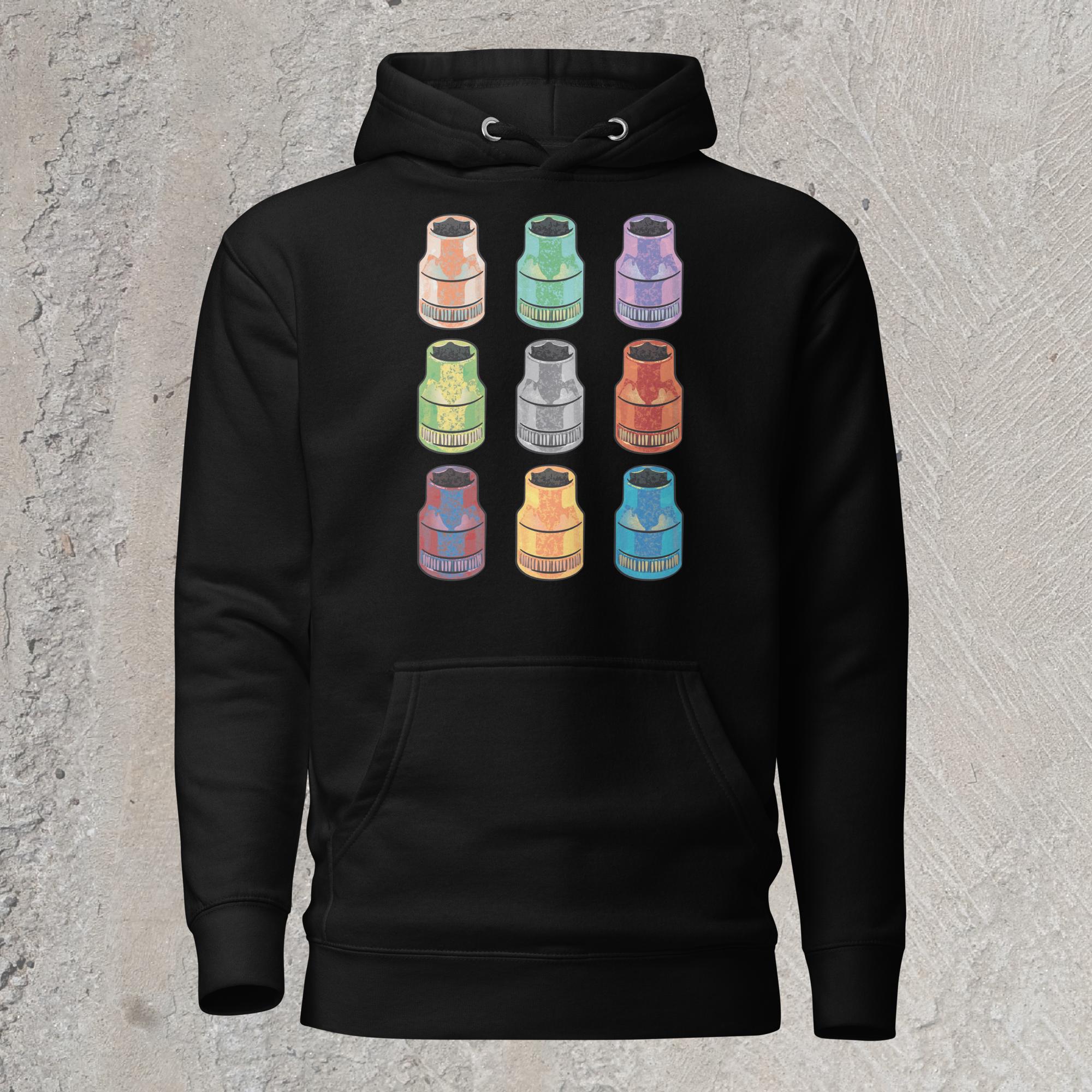Black graphic sweatshirt hoodie with  array of 10mm sockets in different colors