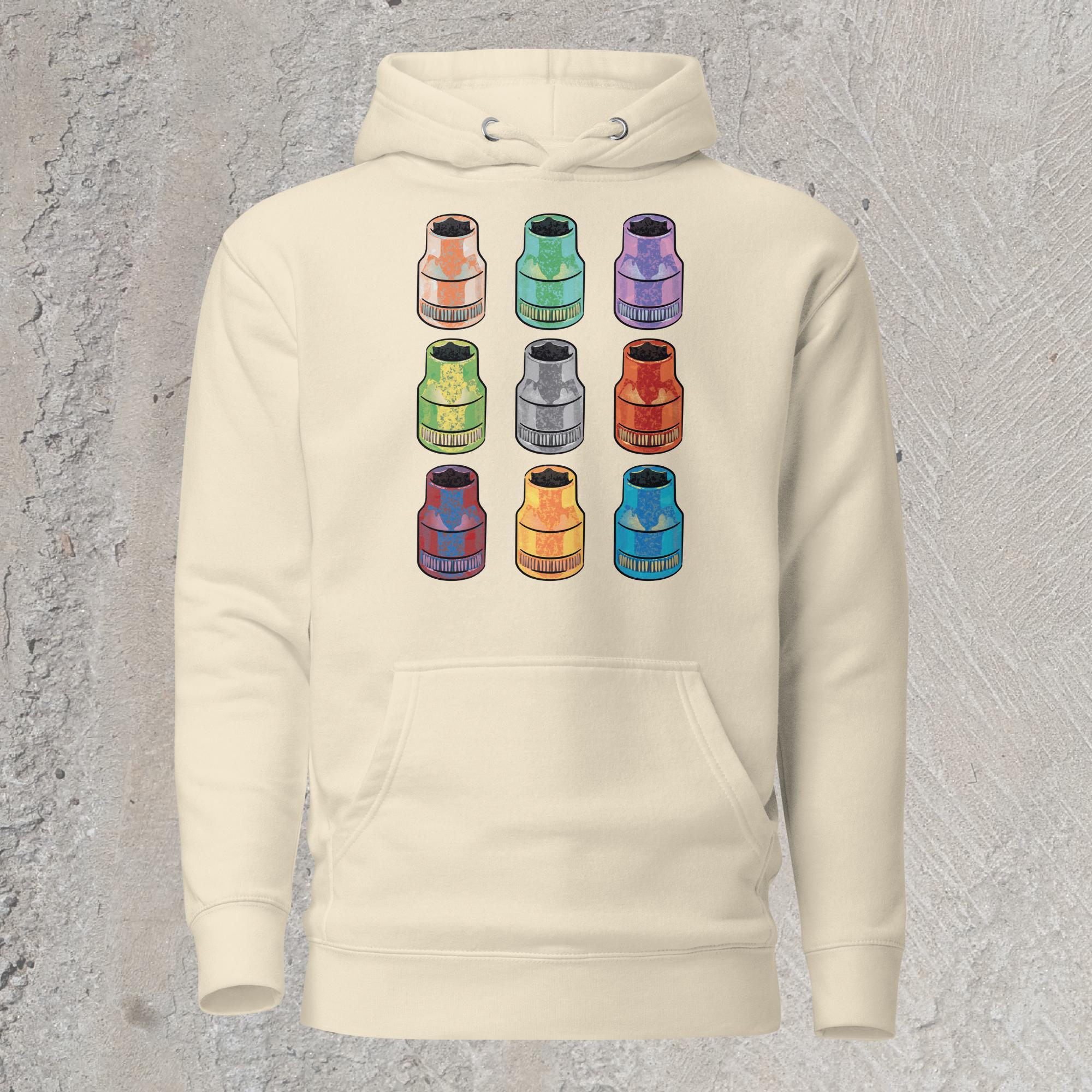White graphic sweatshirt hoodie with  array of 10mm sockets in different colors