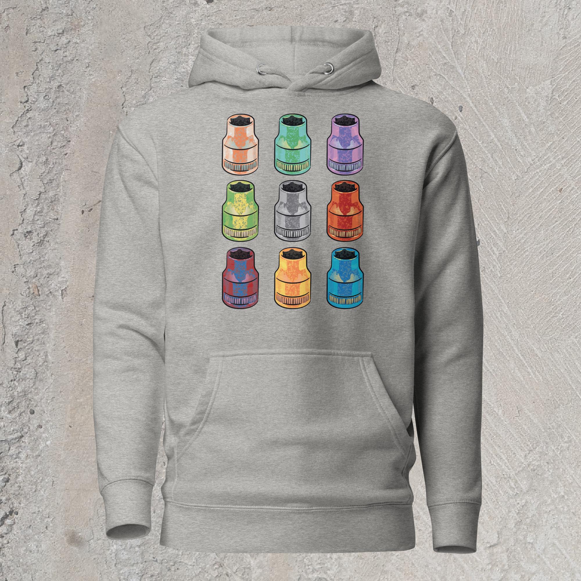 Gray graphic sweatshirt hoodie with  array of 10mm sockets in different colors