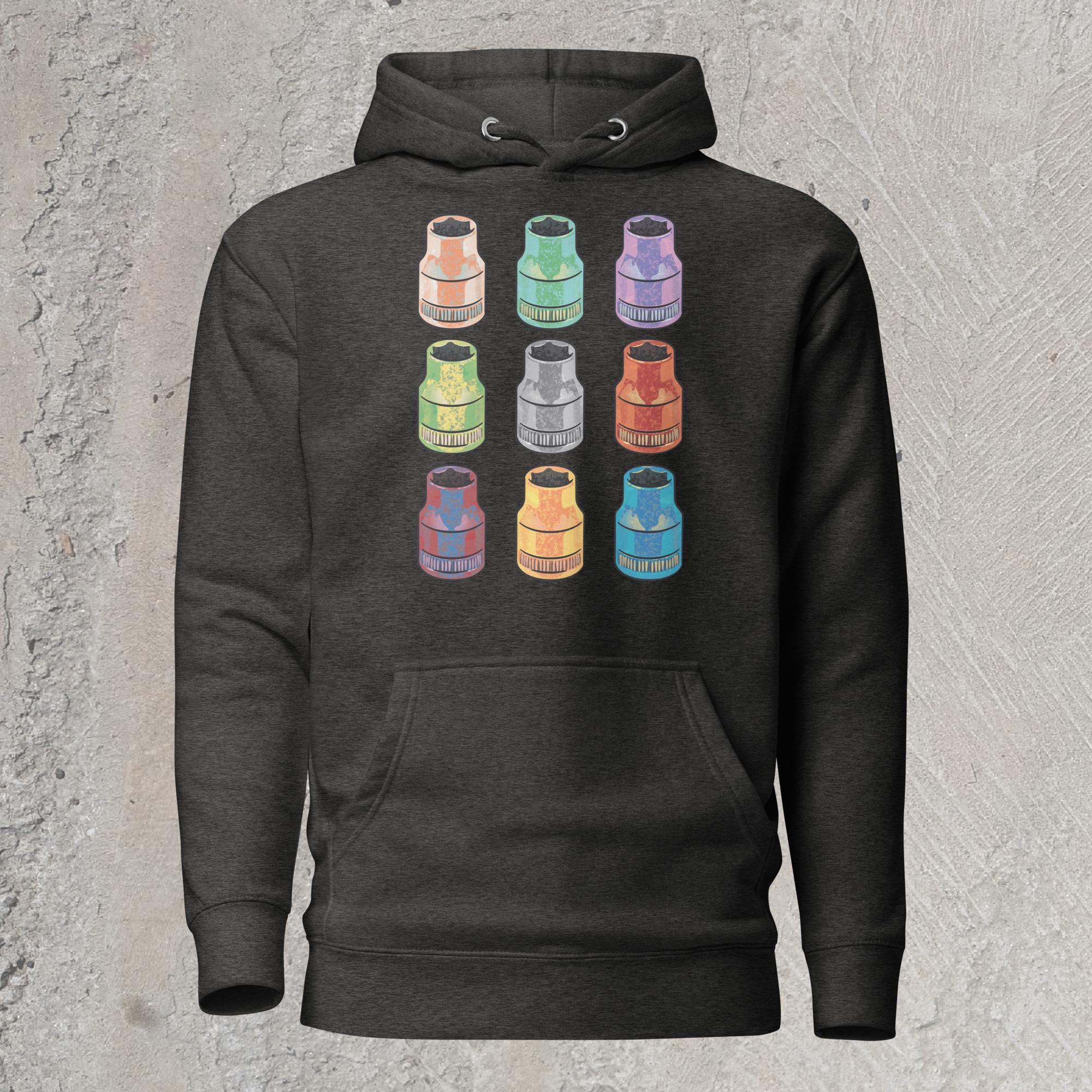 Dark gray graphic sweatshirt hoodie with  array of 10mm sockets in different colors