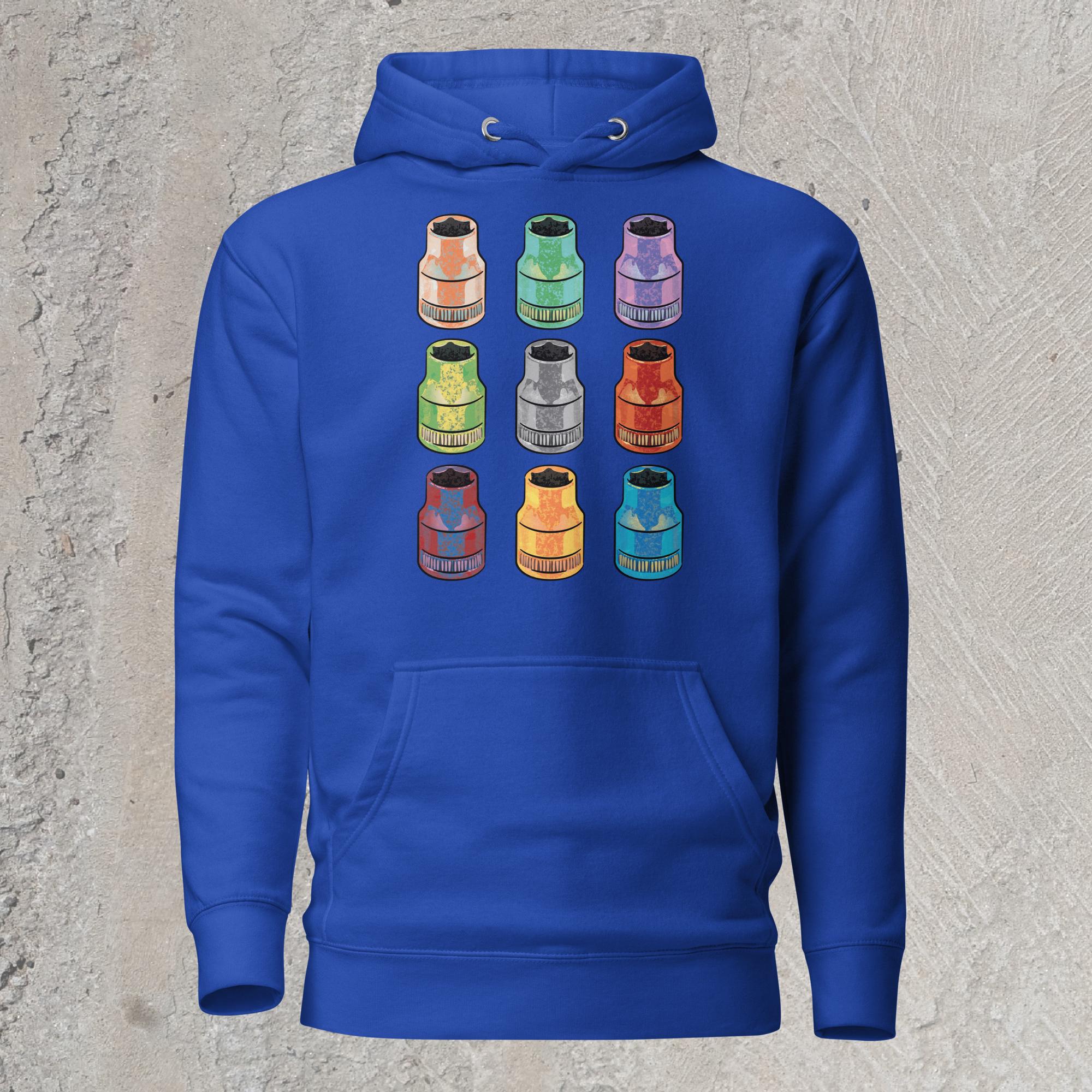 Blue graphic sweatshirt hoodie with  array of 10mm sockets in different colors