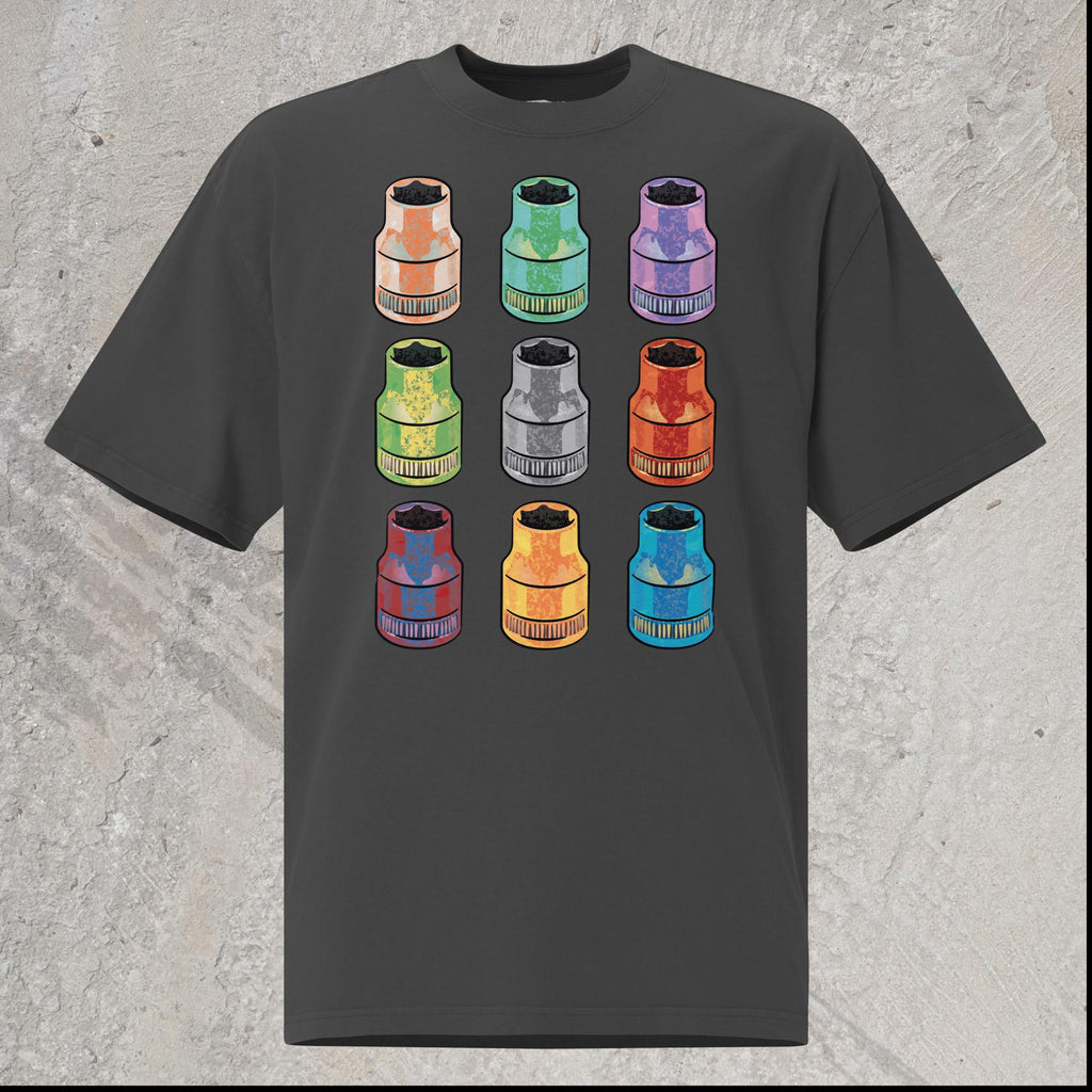 Black graphic oversized t-shirt with  array of 10mm sockets in different colors