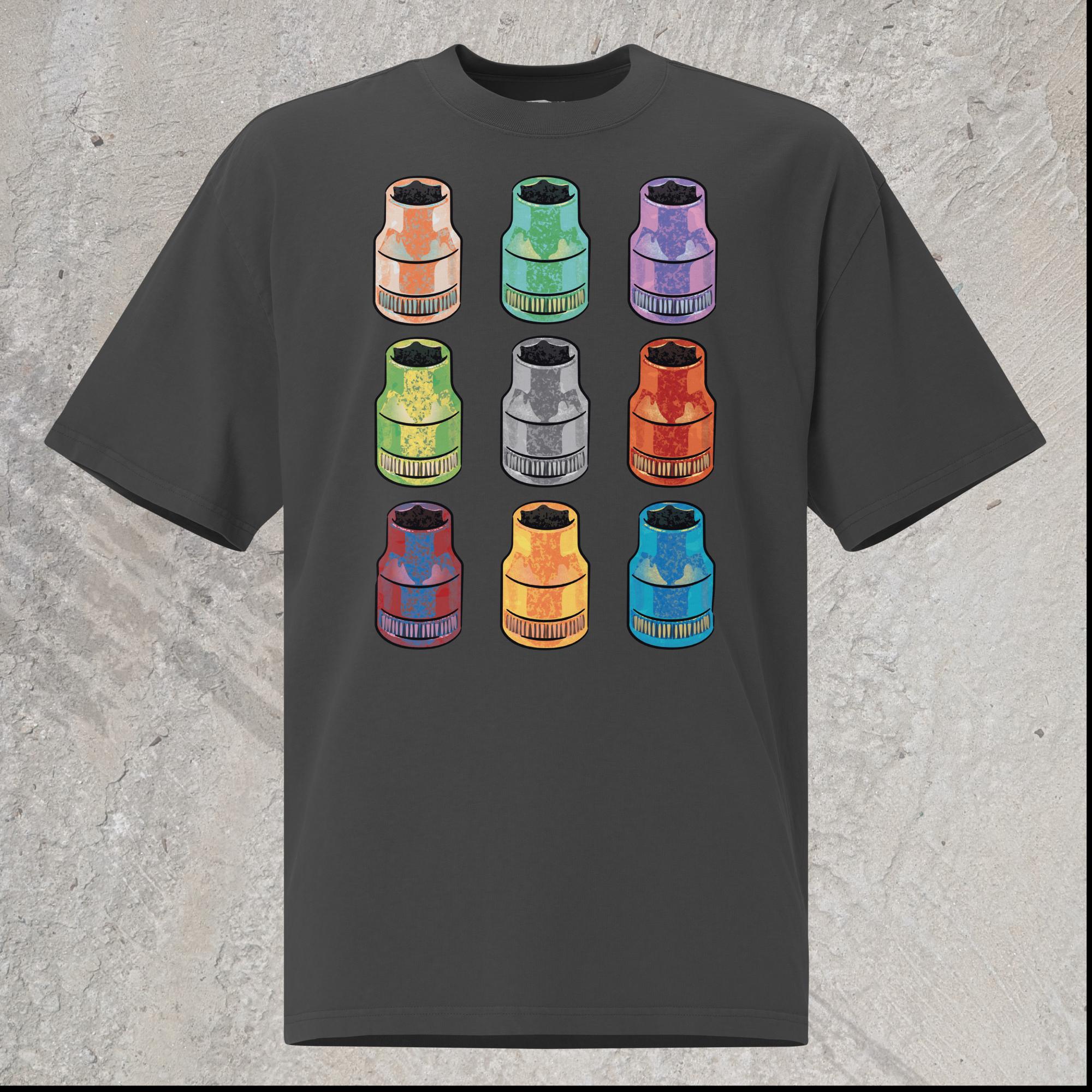 Black graphic oversized t-shirt with  array of 10mm sockets in different colors