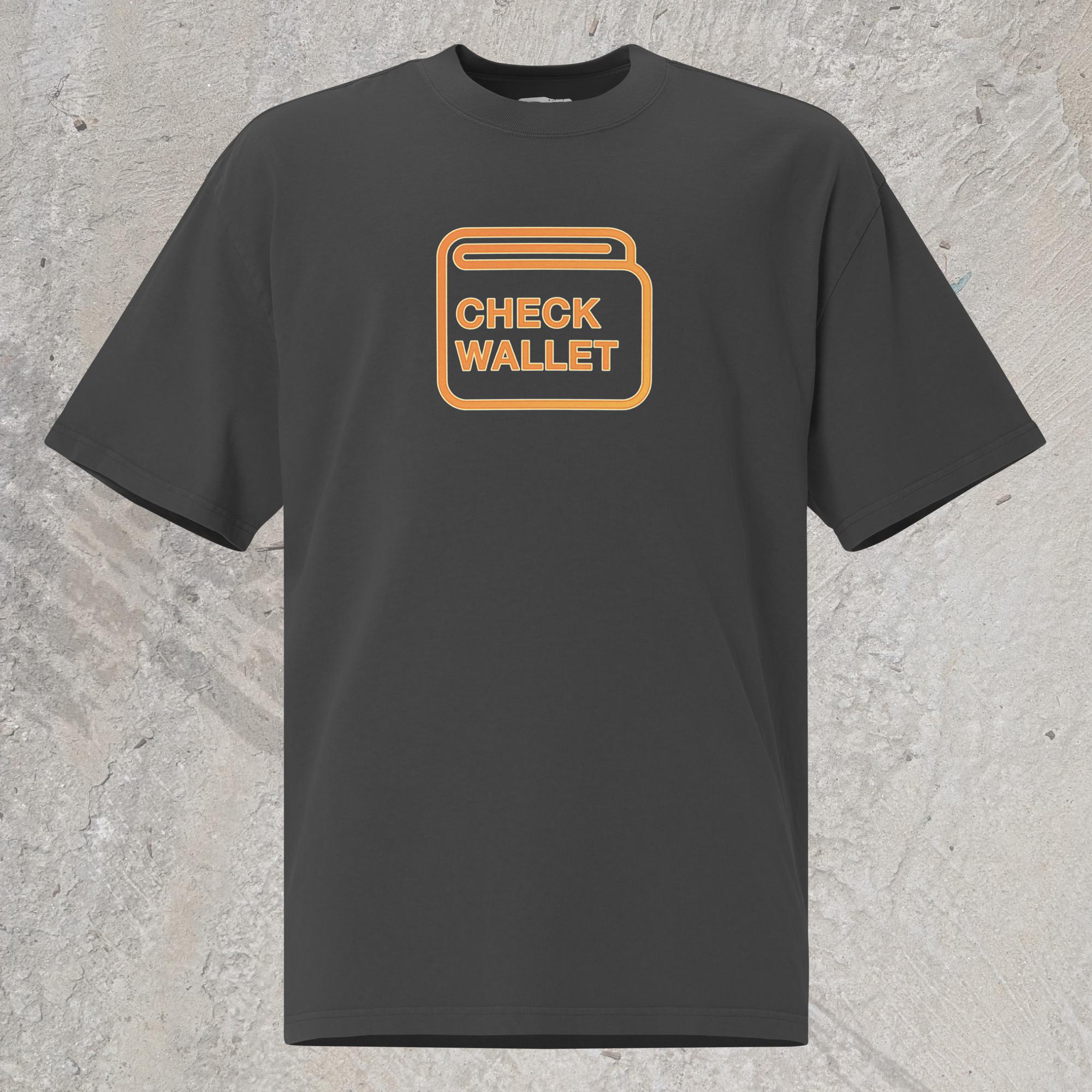 Black graphic oversized t-shirt with image of car dashboard warning light in the shape of a wallet that reads "Check Wallet"