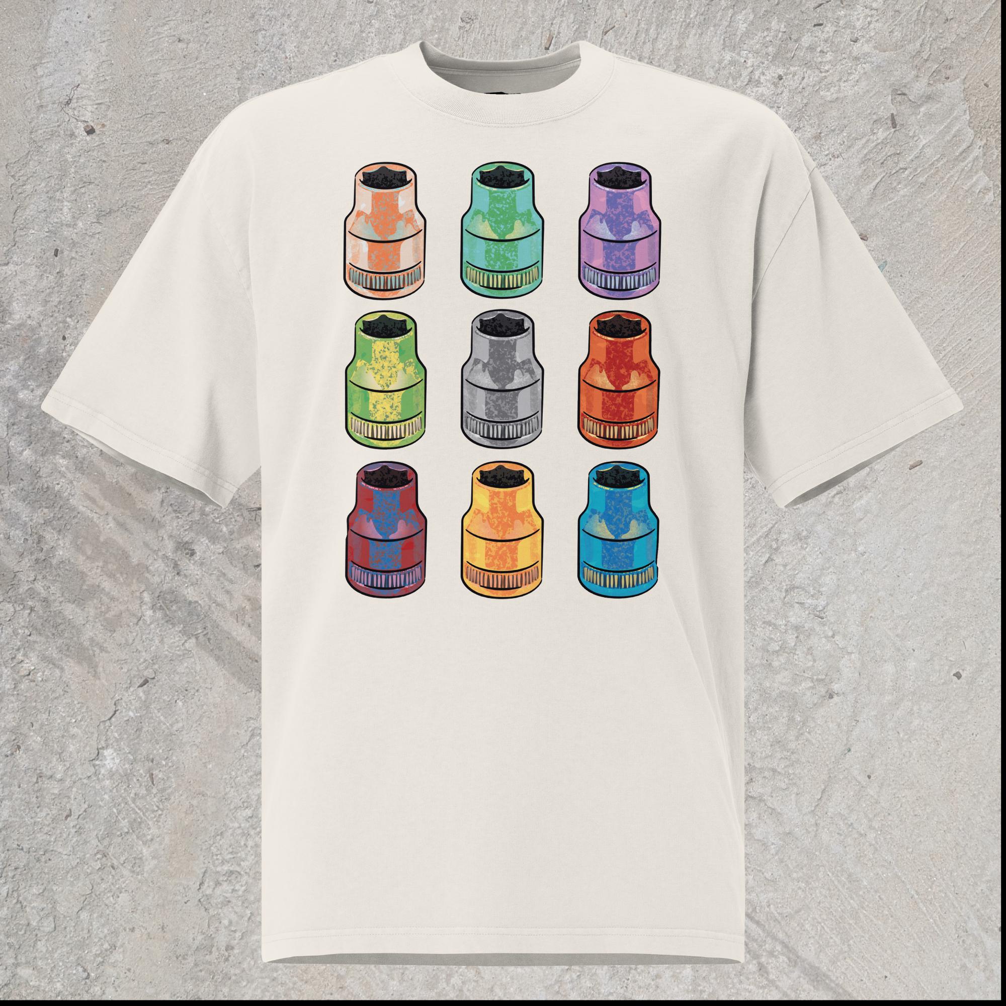 White graphic oversized t-shirt with  array of 10mm sockets in different colors