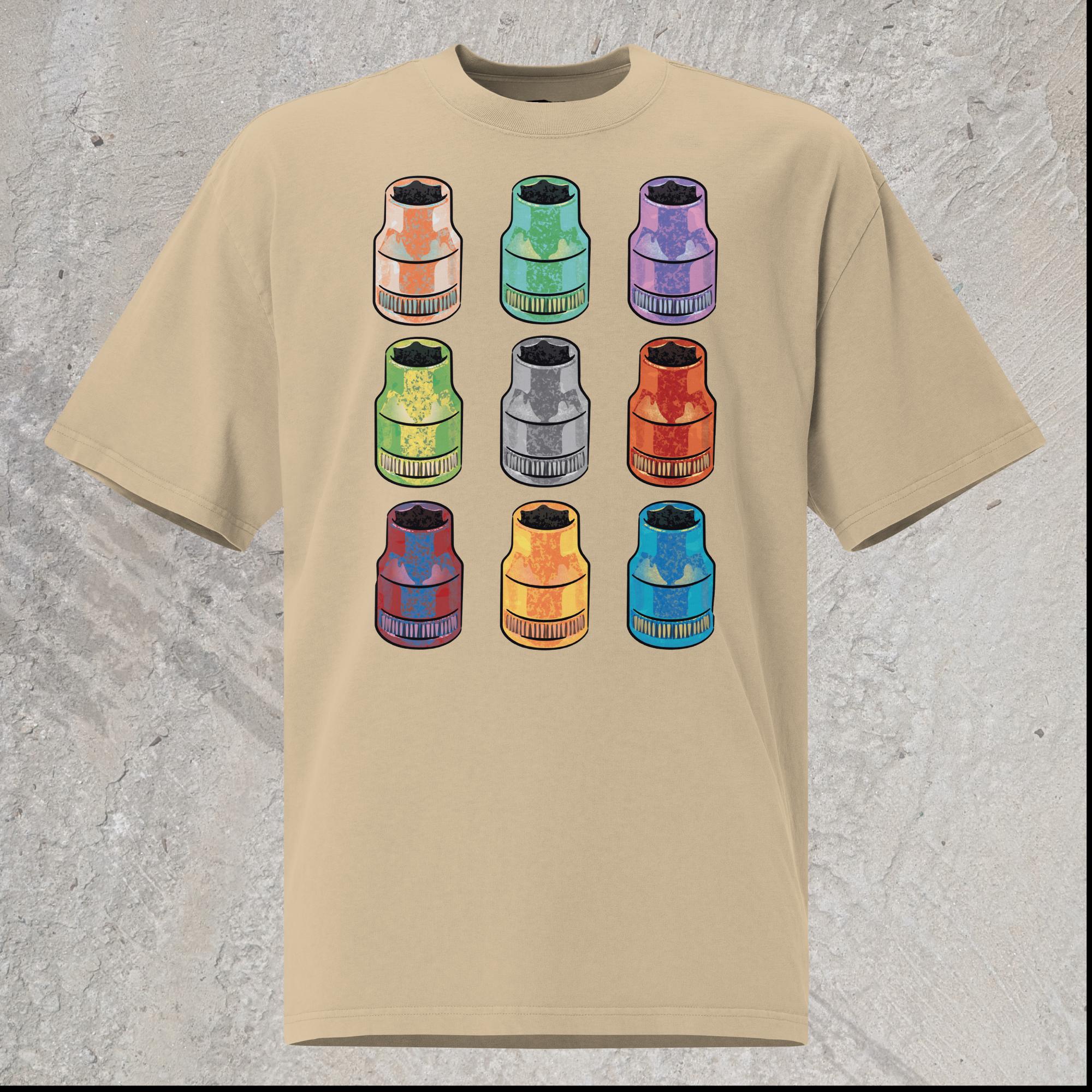 Beige graphic oversized t-shirt with  array of 10mm sockets in different colors