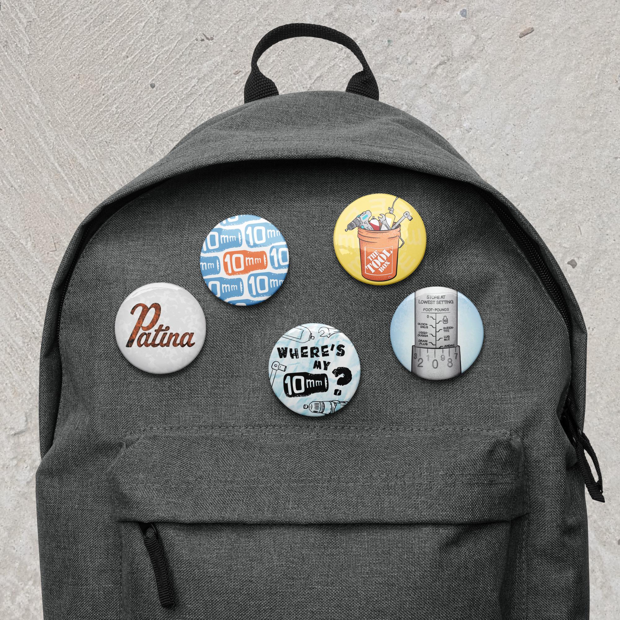 Backpack with five pin buttons from 10mm design.