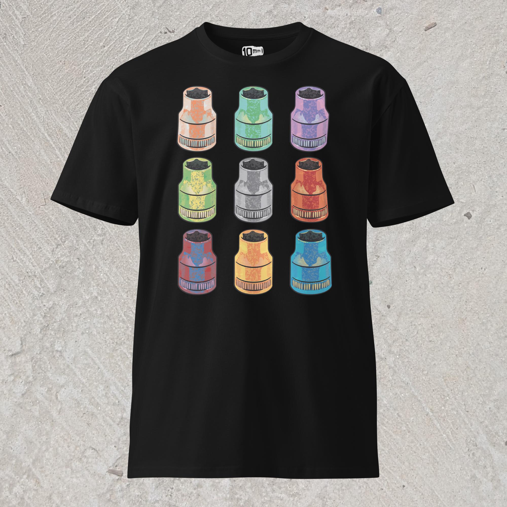 Black graphic t-shirt with  array of 10mm sockets in different colors