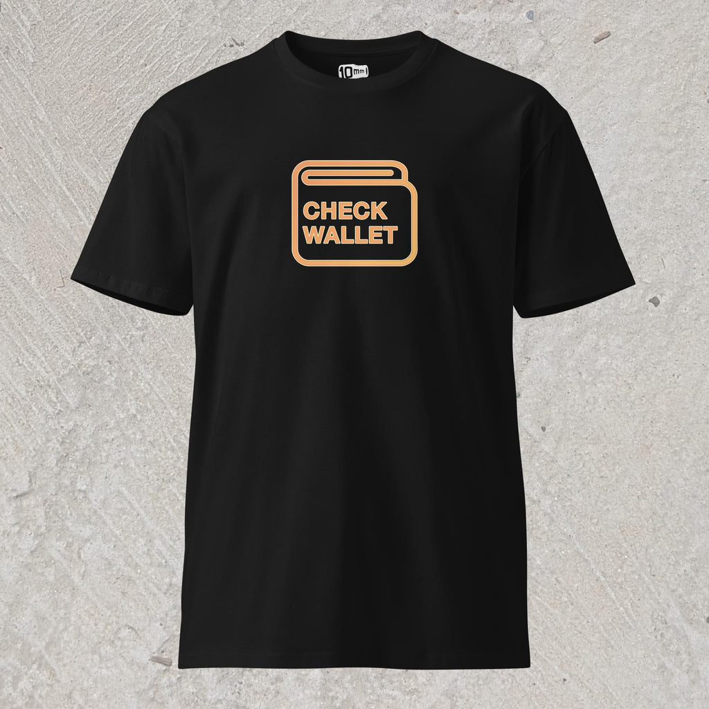 Black graphic t-shirt with image of car dashboard warning light in the shape of a wallet that reads "Check Wallet"