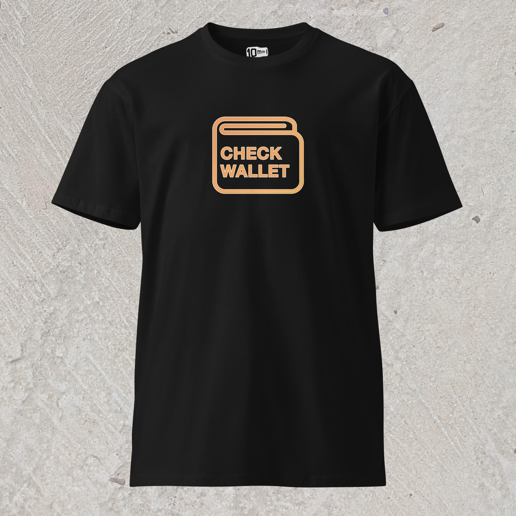 Black graphic t-shirt with image of car dashboard warning light in the shape of a wallet that reads "Check Wallet"