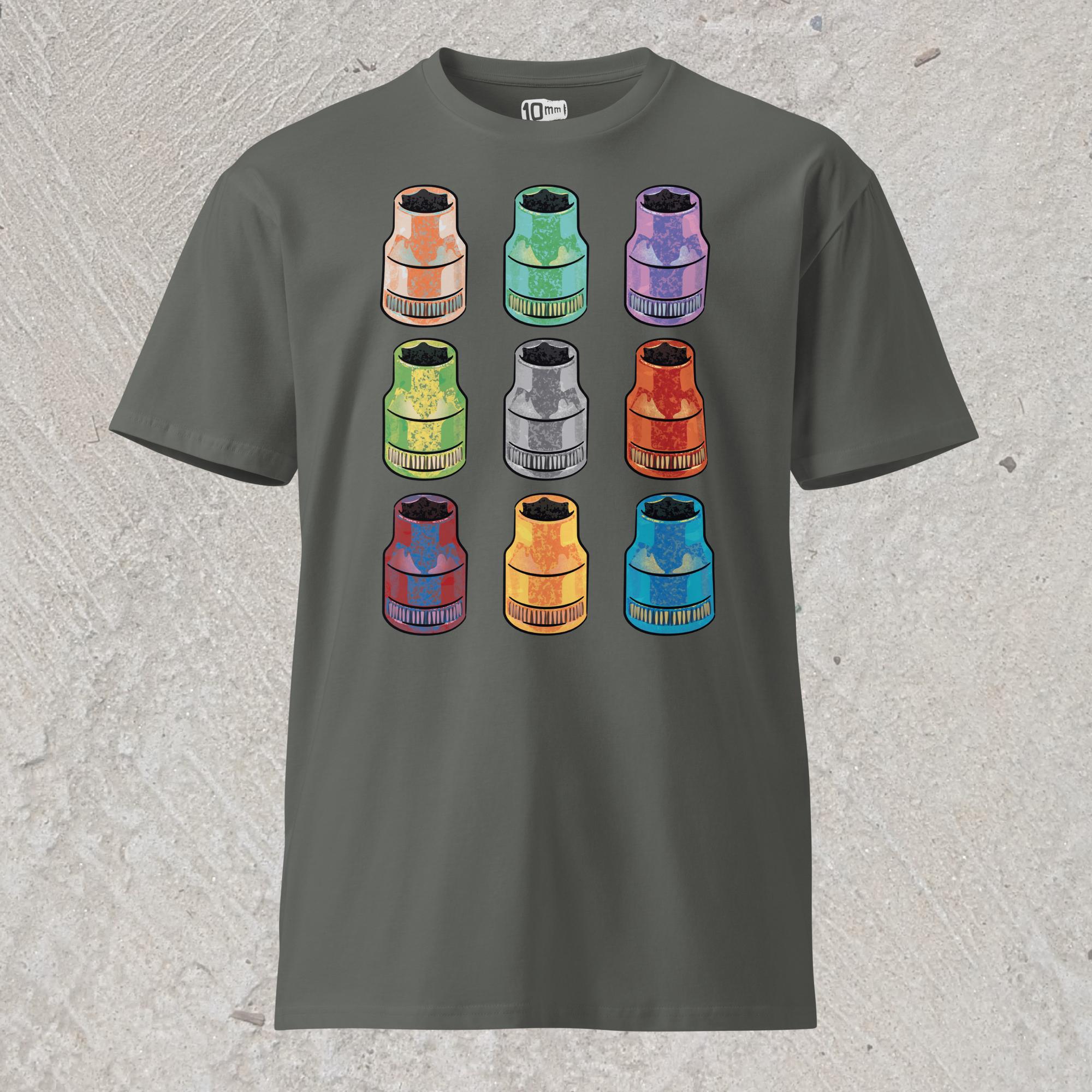 Gray graphic t-shirt with  array of 10mm sockets in different colors