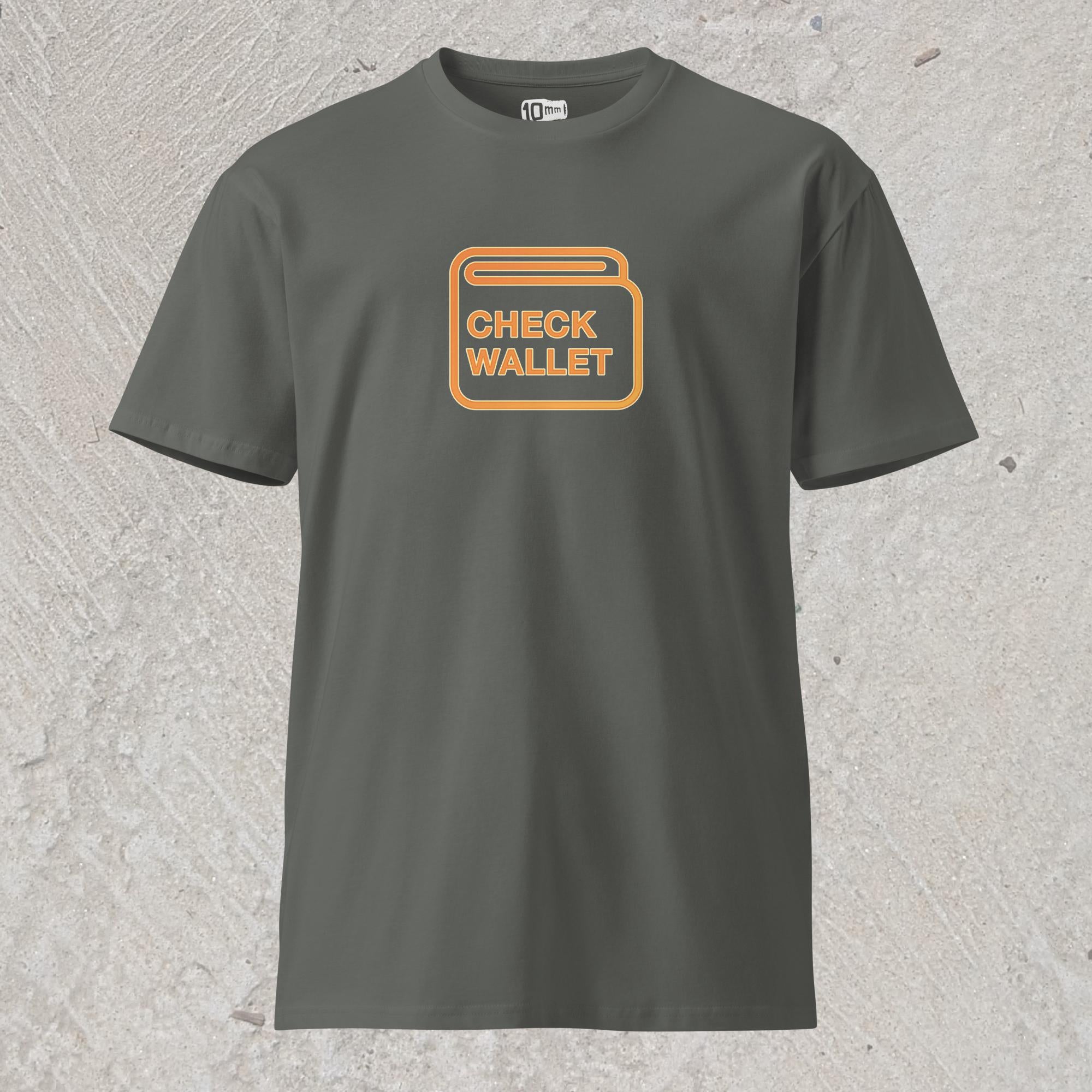 Gray graphic t-shirt with image of car dashboard warning light in the shape of a wallet that reads "Check Wallet"