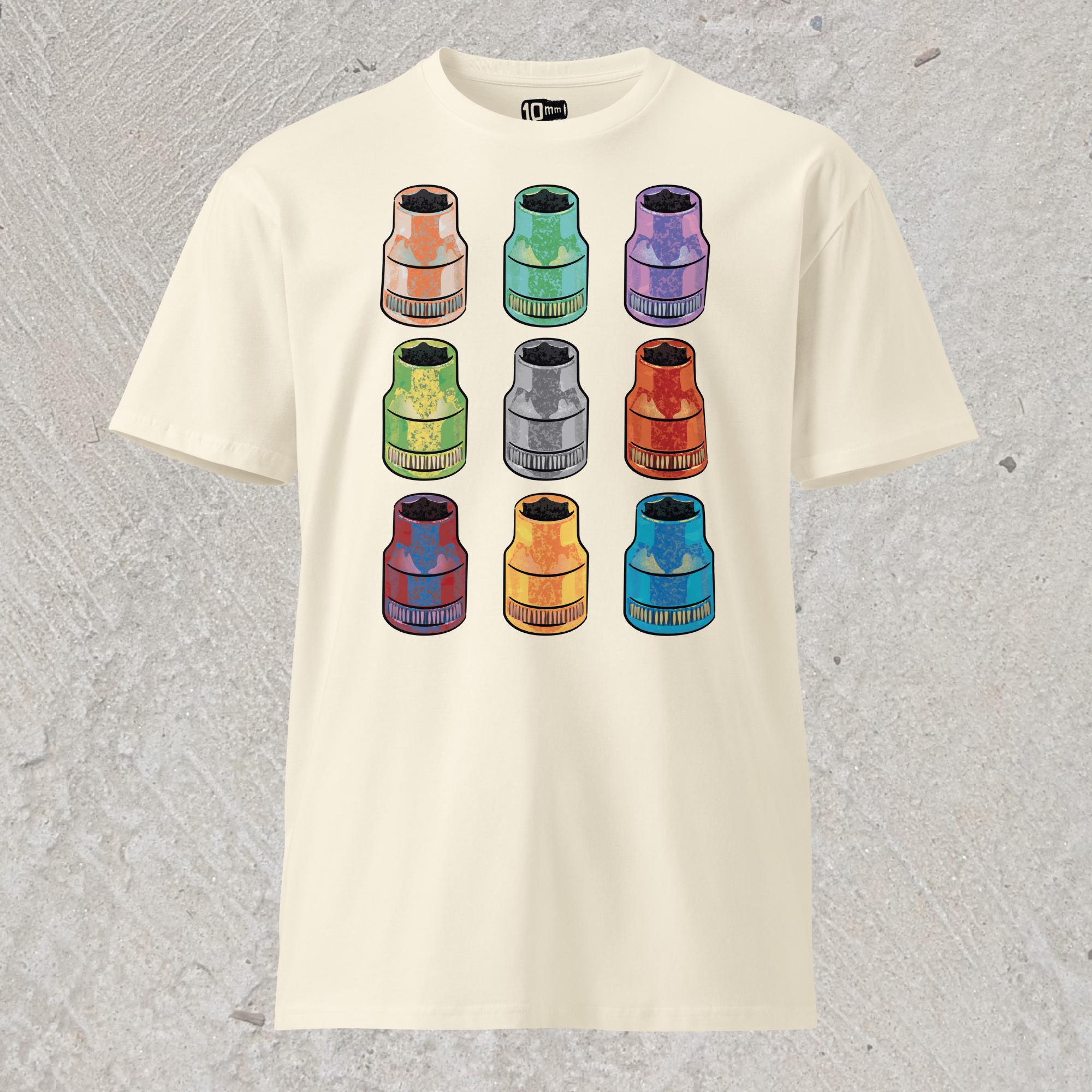 Cream graphic t-shirt with  array of 10mm sockets in different colors