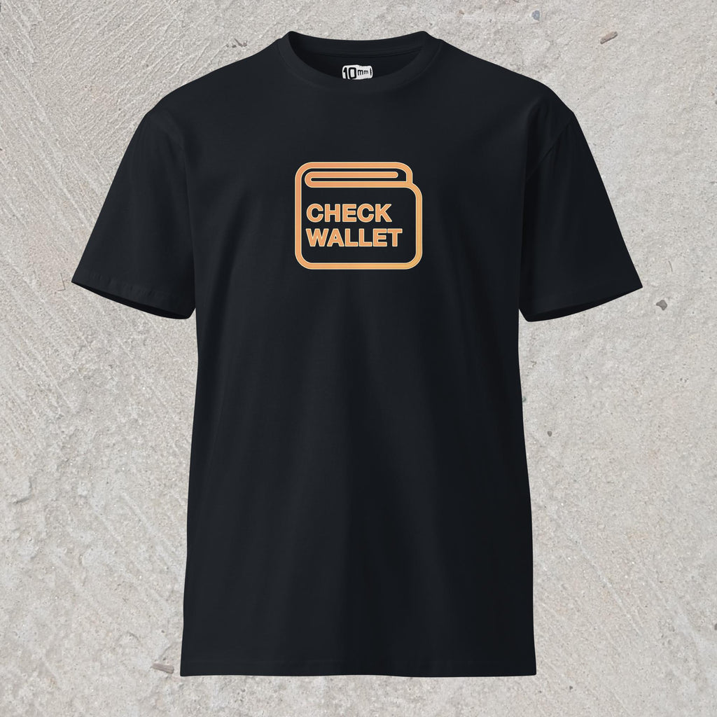 Navy graphic t-shirt with image of car dashboard warning light in the shape of a wallet that reads "Check Wallet"