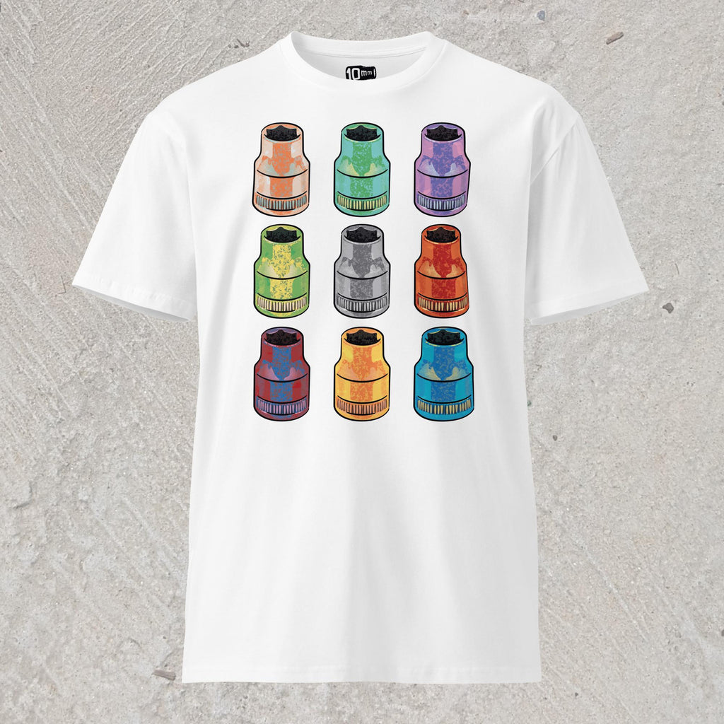 White graphic t-shirt with  array of 10mm sockets in different colors