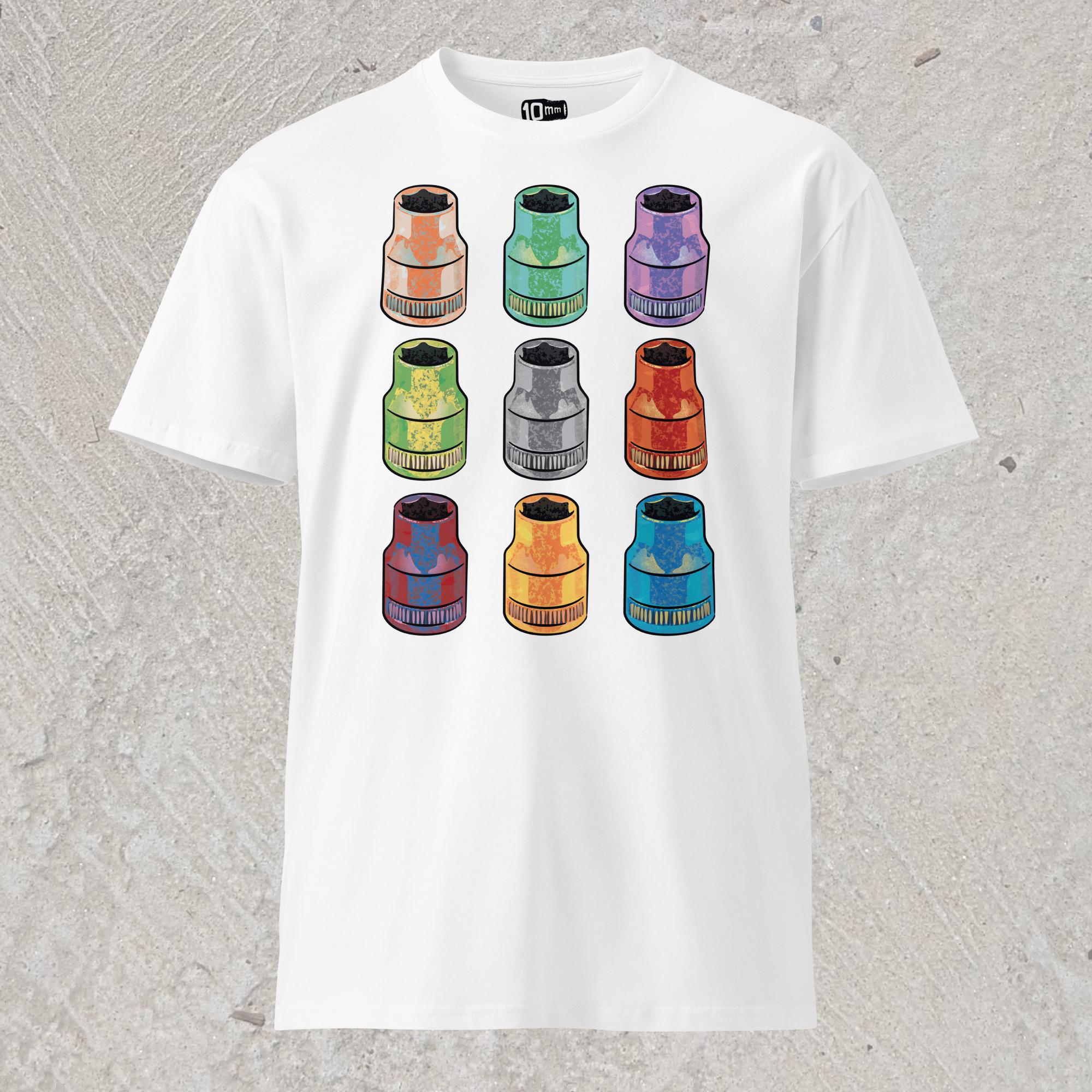 White graphic t-shirt with  array of 10mm sockets in different colors